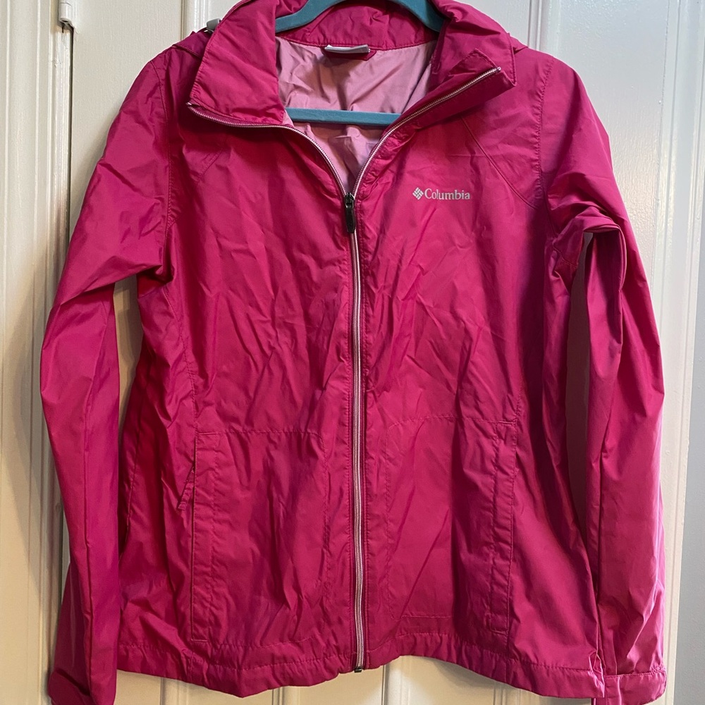 Hot Pink Columbia Rain Jacket with Hood, Size Large